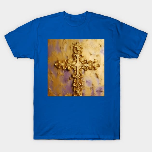 Gold Cross on Purple Background With Gold Dust T-Shirt by MiracleROLart